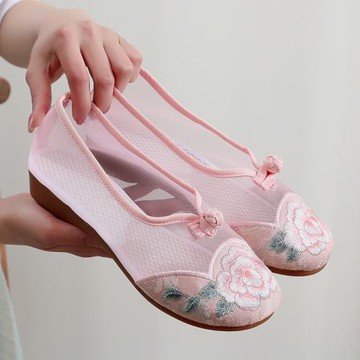 2025夏季新款網紗透氣古風漢服鞋民族風繡花網面媽媽鞋老北京布鞋