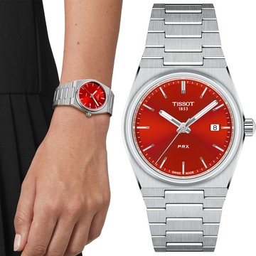 TISSOT 天梭 PRX系列紅色太陽紋石英女錶-35mm T1372101142100