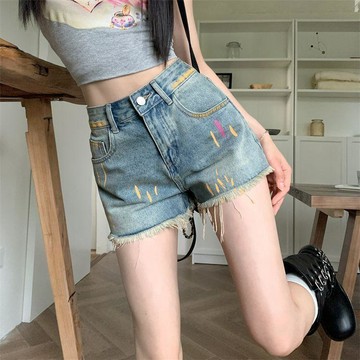 現款免運 牛仔短褲 丹寧短褲 牛仔熱褲 短牛仔褲 外穿短褲牛仔夏天短褲夏季韓版小衆a字休閒牛仔短褲粗腿遮肉寬鬆Wf