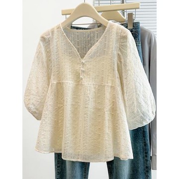 超好看小衫V領遮肚子雪紡衫女夏季大碼胖mm法式正肩短袖襯衫上衣