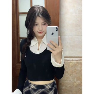 秋季假兩件針織衫2023早秋新款小眾獨特別致上衣女秋裝打底衫內搭