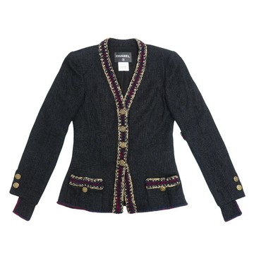 Chanel 展示品 藍紅金鑲邊復古V領金釦外套#38(黑)