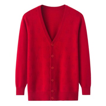 羊絨衫男針織開衫外套加厚中老年紅色喜慶婚慶壽宴生日毛衣K1178