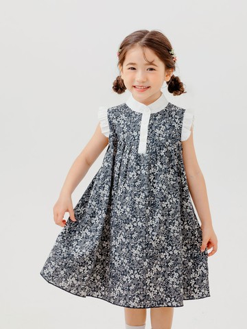 清新小碎花荷葉袖半開襟洋裝