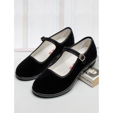 老北京布鞋女黑色工作鞋平底防滑跳舞鞋一字扣帶上班鞋軟底媽媽鞋