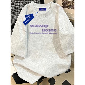 WASSUP美式復古小眾模糊字母短袖T恤男夏季新款休閑寬松半袖上衣