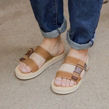 Paidal 男款織帶鞋面微厚底跳色棕忍者拖鞋-卡其