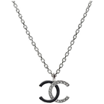 CHANEL  經典雙 C  LOGO水鑽琺瑯雙色項鍊(黑色/銀色)