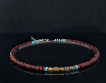 7mm 血檀香木珠+赤鐵礦石, 松石短頸鍊 ( HKA3014 )