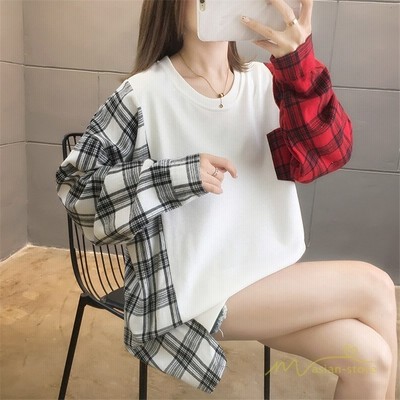 トレーナー レディース 長袖 薄手 袖チェック ビッグトップス フェイクレイヤード クルーネック 韓国ファッション ゆったり 着回し カジュアル お出かけ 通販 Lineポイント最大get Lineショッピング
