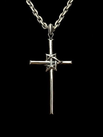 個性日韓朋克暗黑六芒星十字架925純銀男女潮牌哥特小眾吊墜項鏈