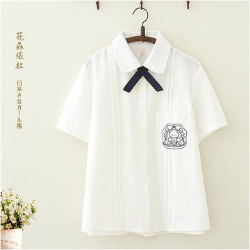 日系軟妹夏可愛小熊刺繡短袖襯衫學生少女娃娃領jk制服白襯衫上衣