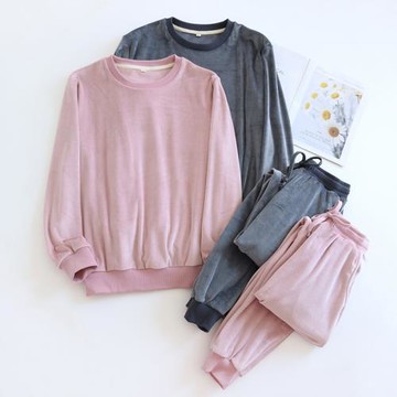 情侶法蘭絨睡衣女秋冬薄款套頭束腳暖氣房外穿海島絨家居服套裝男