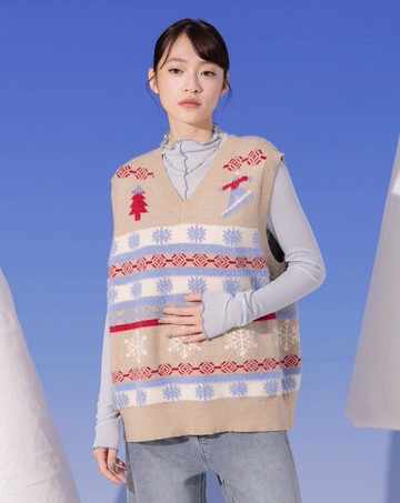雪花圖騰毛絨V領毛衣背心(兩色)