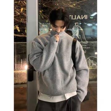 碧舍新款保暖痞帥拉鏈套頭毛衣韓版高級感重磅慵懶風潮流針織衫男