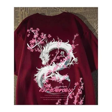 100%純棉重磅短袖t恤夏季國潮白龍櫻花美式高街男女情侶寬松上衣