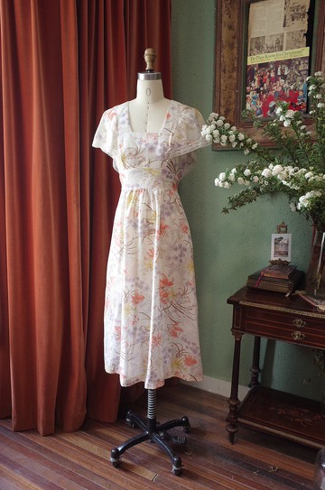 vintage dress美國制飛袖蕾絲印花連衣裙 古著洋裝