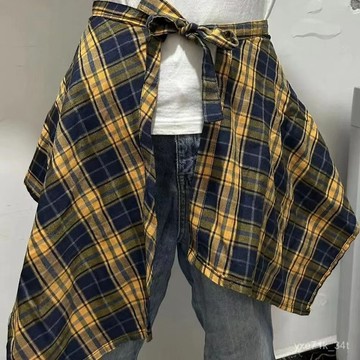 【臺灣出貨】🍋今年流行彩色黃色格子屁簾女一片係帶黃格藏肉神器下擺襯衫遮肉