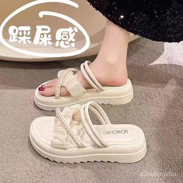 🔥臺灣熱賣款🔥兩帶涼拖鞋夏季外穿ins潮2024新款時尚珍珠僊女風配裙子厚底涼鞋 NE6C