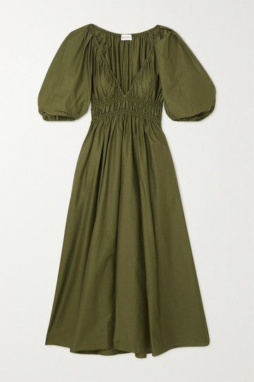Matteau - Pleated Shirred Cotton-poplin Midi Dress - Green - 1