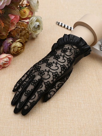 免運 進口西班牙小羊皮真皮拼接蕾絲女士手套女士跳舞觸屏開車騎電車