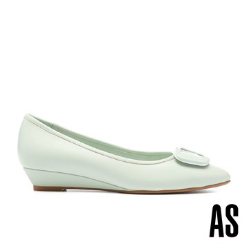 AS 典雅氣質雙層方釦羊皮楔型尖頭高跟鞋－綠