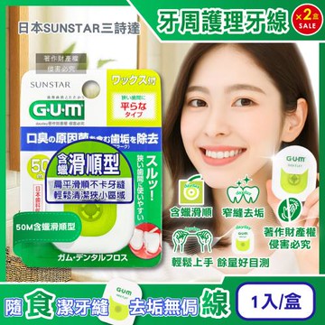 (2盒超值組)日本SUNSTAR三詩達-GUM狹窄齒縫清潔牙周護理牙線1入/盒-50M含蠟滑順型(去齒垢扁平潔牙線,除牙縫殘渣,彈力尼龍便攜剔牙)