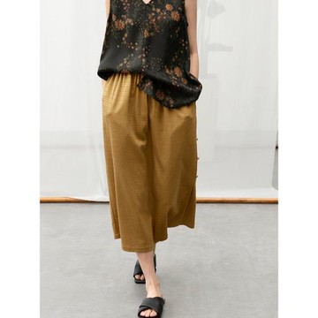 新葉集 真絲棉黃唐茶色提花條紋夏季薄款松緊腰開叉半裙【跋涉】