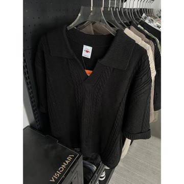 ooohmygo老錢風肌理感針織短袖男款夏季美式復古寬松休閑翻領上衣