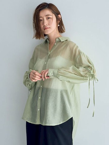 甜美蝴蝶綁帶抽繩透明感翻領襯衫(07000249400) - YECCA VECCA