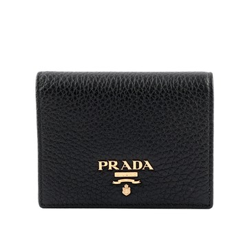 PRADA 浮雕Logo荔枝皮革二折短夾/黑色