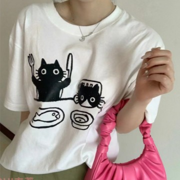 【ohi】夏季t恤女短袖學生慵懶印花T恤女 新款簡約ins網紅印花t 女生顯瘦百搭夏季短袖上衣GTM3018