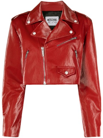 MOSCHINO JEANS - coated cropped biker jacket - women - Metal/Viscose/Viscose/Polyester/Cotton - 42 - Red