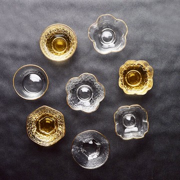 陶生活 日式錘目紋透明小茶杯 描金玻璃杯子品茗杯功夫茶具主人杯
