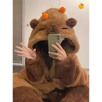 卡皮巴拉睡衣女冬季珊瑚絨加厚加絨冬天睡袍長款法蘭絨浴袍家居服