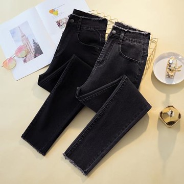 大碼女裝2026春季新款胖MM高腰毛邊牛仔褲女彈力顯瘦深色鉛筆褲子