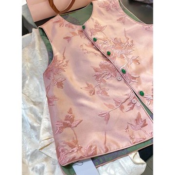 新中式國風唐裝高級感超好看粉色宋錦繡花馬甲外套女2025早秋新款