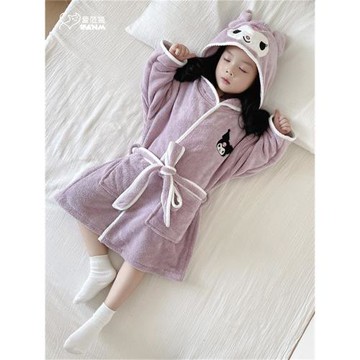 庫洛米兒童浴袍睡衣女童秋冬季吸水速干卡通可愛連帽親子長款睡袍