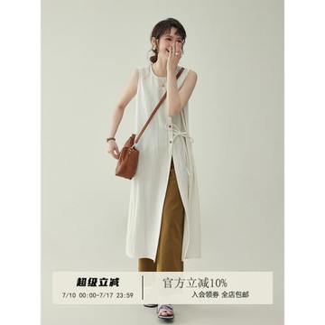 「北島AMUU原創」米白色無袖綁帶開叉罩衫女夏季不規則單排扣上衣