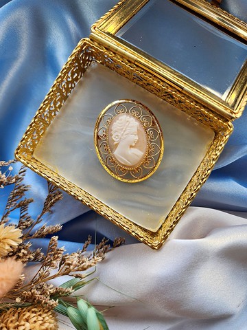 手刻貝浮雕cameo包金胸針/別針/復古首飾/vintage美國西洋古董
