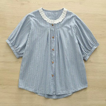 ＊ORead＊日系小清新條紋蕾絲蕾絲刺繡短袖襯衫(圖片色ML)