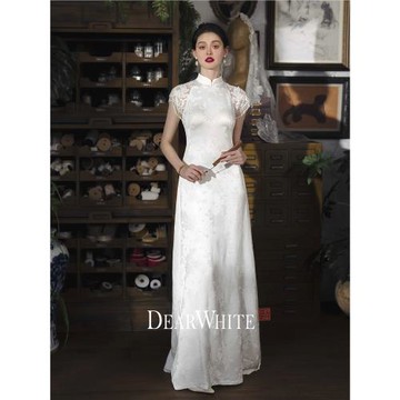 親愛的白原創《溫槿》新中式白色旗袍婚紗新娘訂婚禮服裙連衣裙女