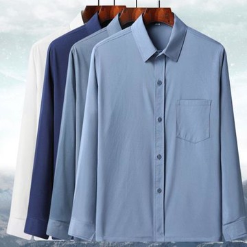 春夏季爸爸襯衫男冰絲長袖寬松上衣中老年爺爺老人休閑純色襯衣薄