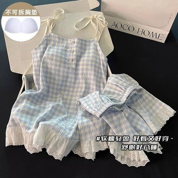 DUYI~夢詩 睡衣女款帶胸墊網紅雲朵棉吊帶短褲藍色格子學生家居服套裝