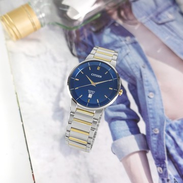 CITIZEN 星辰表 / BI5124-50L / 極簡時尚 礦石強化玻璃 日本機芯 日期 不鏽鋼手錶 藍x鍍金 40mm