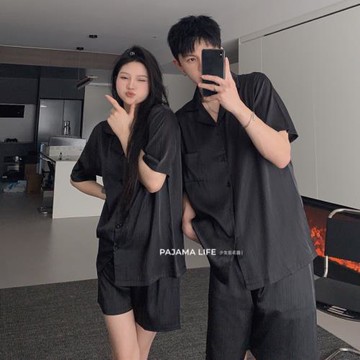 暗黑風情侶睡衣夏季紋理感冰絲短袖套裝男女士休閑款條紋家居服夏