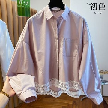初色 韓系簡約風寬鬆短版拼接下擺蕾絲翻領長袖落肩袖襯衫上衣女上衣-共2色-19259(M-XL可選)