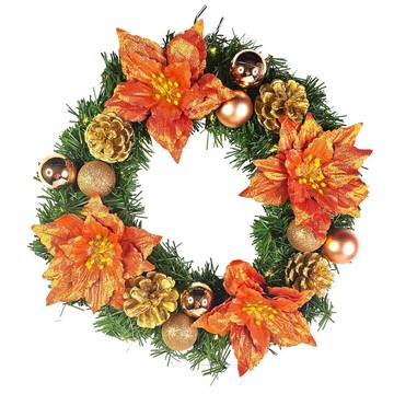 摩達客 耶誕 浪漫朵朵聖誕花豪華綠色聖誕花圈福臨圈  珊瑚紅橙金系  1個  14吋