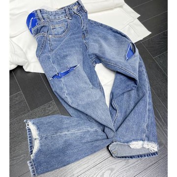 花匣子FLOWER磨破洞拼接撞色設計牛仔褲 顯瘦百搭寬松老爹褲57156