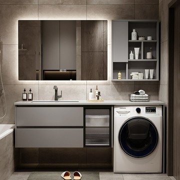 公司貨免運 附發票 現代簡約陽臺洗衣機一體柜巖板浴室柜組合衛生間洗漱臺洗手洗臉盆-快速出貨